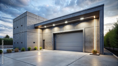 Entrance to modern concrete garage with grey walls, LED lights, and futuristic industrial building exterior 
