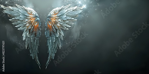 Ethereal Angel Wings Gracefully Drifting in Darkness. Concept Fantasy Photoshoot, Angelic Theme, Ethereal Wings, Dark Background, Graceful Poses
