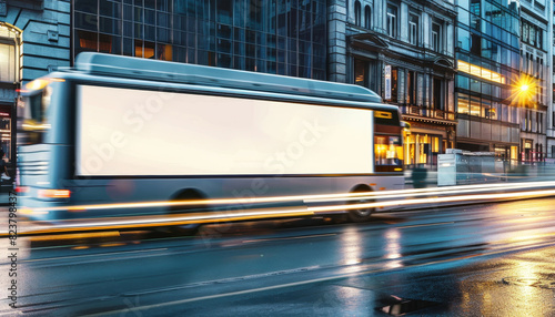 A white bus with a large white sign on the side of it by AI generated image