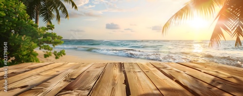 Empty wooden table, beach and sea in the background. Summer holiday banner.
