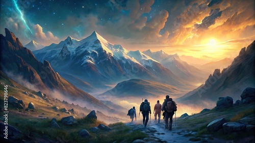 Group of hikers trekking through a scenic mountain landscape, representing collaboration, achievement, and exploration