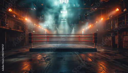 Boxing ring with red and white rings and a sign by AI generated image