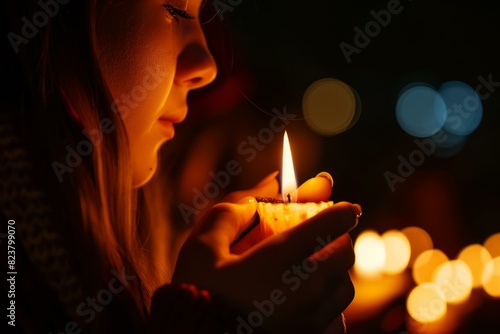 Tranquil and peaceful candlelight vigil ceremony for women at night. With soft focus lights. Reflecting on hope. Remembrance. And mourning. Surrounded by glowing candles and faces