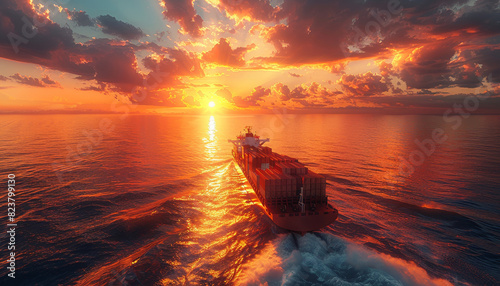 A large ship is sailing on the ocean with a beautiful sunset in the background by AI generated image