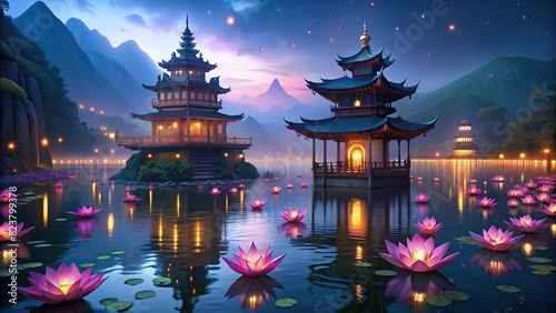 Illuminated traditional pagodas by a lake with floating lotus lanterns, perfect for festivals and cultural themes 