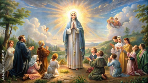 Image featuring the Miracle of the Sun as witnessed by the Fatima children, with the Blessed Virgin Mary appearing to them while they pray the Holy Rosary in Portugal, 1917