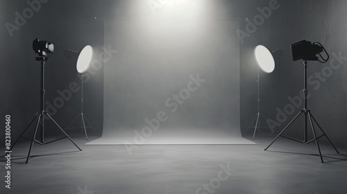 photographic studio with lighting backdrop and various equipment for photos and video shooting. banner