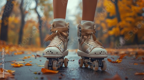 This detailed photo captures someone wearing roller skates on a path strewn with autumn leaves