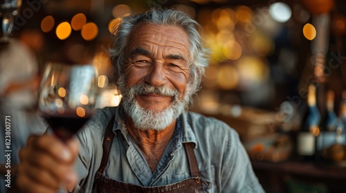 An elderly man with a full beard smiles gently while holding a glass of red wine, suggesting a refined taste in a homely environment