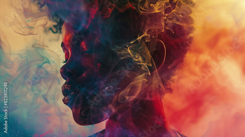 Vibrant Abstract Art, Afro-American Female Face Dissolving into Colorful Smoke