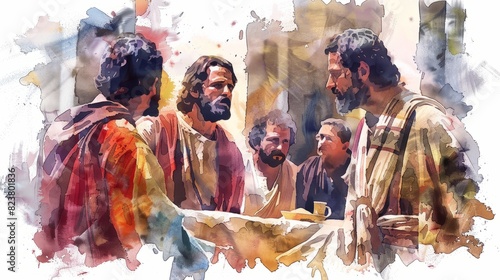 Jesus before Pilate, being questioned and judged. , watercolor style, white background