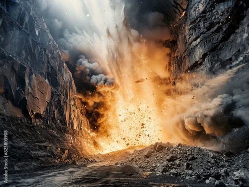 An image of a blasting operation in an openpit mine, with controlled explosions breaking up rock and earth, captured with dramatic lighting