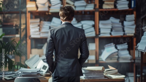 Rear view of a businessman with a bunch of documents around him in the office
