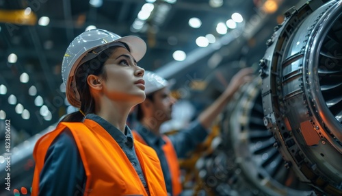 Thoughtful female engineer in hard hat and safety vest looking at the aircraft engine in the factory