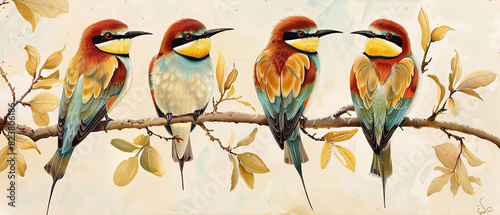 Four european bee-eater (Merops apiaster) birds perching on branch, Generate AI