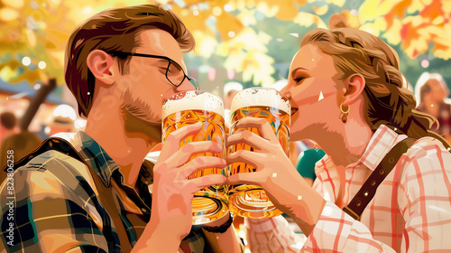 Illustrated couple toasting with beer steins amidst an oktoberfest celebration scene, capturing the festive ambiance of traditional german culture