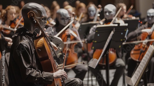 Musicians dressed as aliens play string instruments in a nighttime concert, creating a unique and intriguing performance.