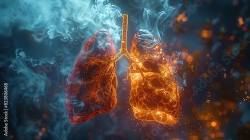 Pulmonology illustration of effects of smoking on the lungs showing healthy vs damaged lung tissue