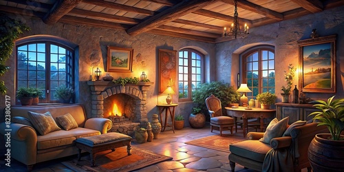 Cozy Provencal interior with French countryside style, featuring natural colors and beautiful window light