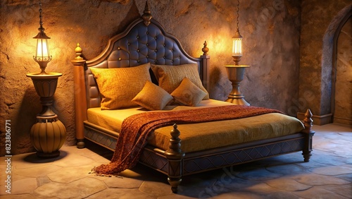 Provencal style bed with earth and ochra colored cushions