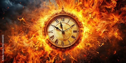 Clock face engulfed in fiery explosion representing the passage of time