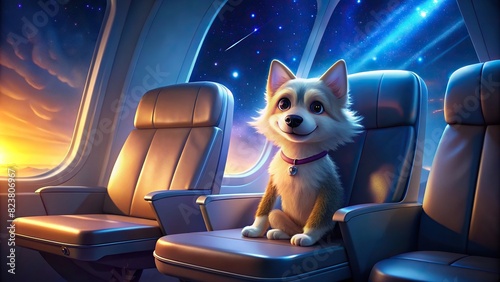Cute dog sitting on airplane cabin chair, flying with owner