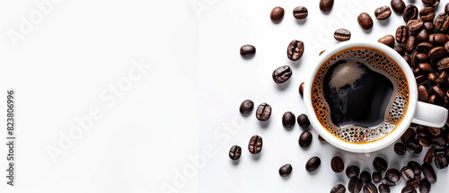 Freshly brewed cup of coffee with beans white background widescreen, Generate AI