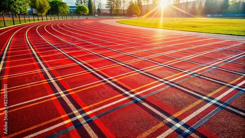 Red tartan track with white lines in sunlight