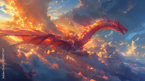 Illustration of huge dragon flying in the sky through the cloud