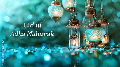 A water-themed backdrop with sea glass colored Ramadan lanterns, "Eid ul Adha Mubarak" in a fluid, water-inspired font on a sea glass background.