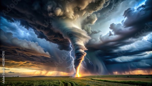 Dramatic tornado with lightning storm rolling across a dark sky