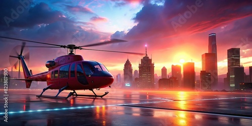 Red helicopter prepared for takeoff at city heliport at dawn with urban skyline and sunrise in the background