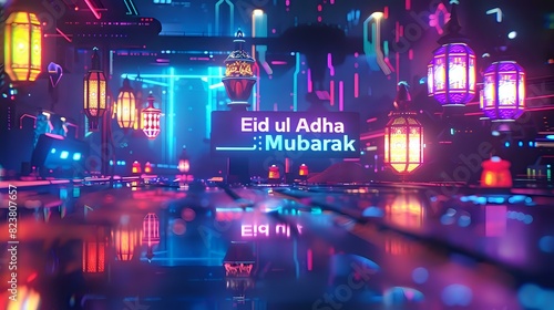 A futuristic scene with neon Ramadan lanterns glowing in vibrant colors, "Eid ul Adha Mubarak" in a modern, neon-lit font on a dark cyber background.