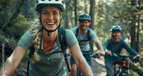 A smiling woman and two men riding mountain bikes in the forest, wearing helmets, cinematic, in the style of sony alpha, in the style of canon eos, photo taken with provia film --ar 15:8 Job ID: 5219d