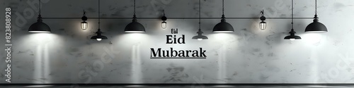 A minimalist scene with sleek, modern Ramadan lanterns in monochrome shades, "Eid ul Adha Mubarak" in a minimalist, chic font in the center of a grayscale background.