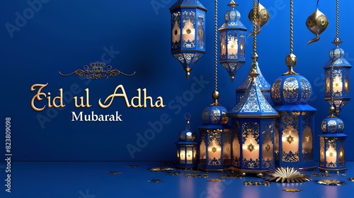 A regal setting with royal blue and gold Ramadan lanterns, "Eid ul Adha Mubarak" in a royal, majestic font on a royal blue background.