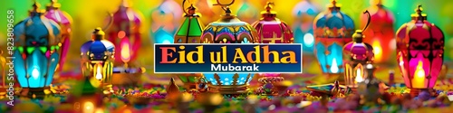 A vibrant tableau of multicolored Ramadan lanterns, "Eid ul Adha Mubarak" in a colorful, festive font centrally placed on a background resembling a festival of colors.