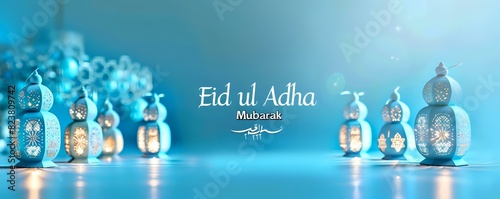 A serene setting with pale blue Ramadan lanterns casting a soft glow, "Eid ul Adha Mubarak" written in elegant script in the middle of the image on a peaceful blue background.