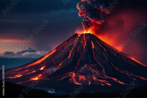 Dark volcanic eruption process. Landscape of volcano with exploding and flowing lava. Hot magma eruption and exploding with infernal smoke. Natural disaster, cataclysm, climate change concept.