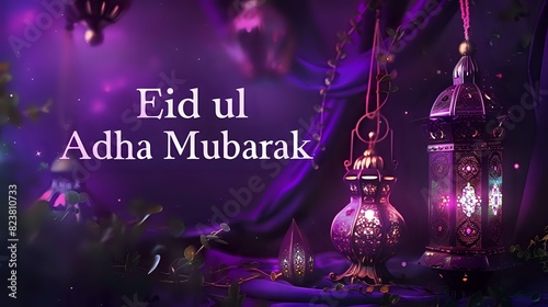 A mystical arrangement with deep purple and black Ramadan lanterns, "Eid ul Adha Mubarak" in a magical, enchanting font on a mystical purple background.