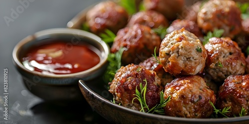 Savory Meatball Appetizers with Dipping Sauce: Ideal for Party Sharing. Concept Appetizer Recipes, Meatball Dishes, Party Food Ideas, Dip Recipes, Crowd-Pleasing Snacks