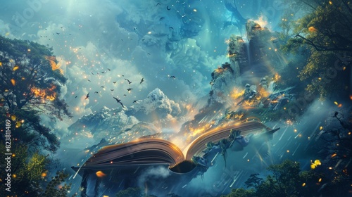 A magical scene of an open book with glowing pages, releasing fantastical creatures and landscapes into the air, illustrating the limitless possibilities of imagination