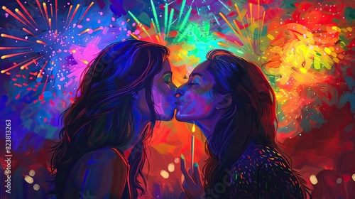 Two women kissing under fireworks, colorful sky, pop art, vibrant palette, digital painting, expressing love and celebration