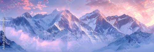 A stunning panoramic view of snow-covered mountains under the soft glow of sunrise, creating an enchanting and serene atmosphere for product packaging design with space at the top for text