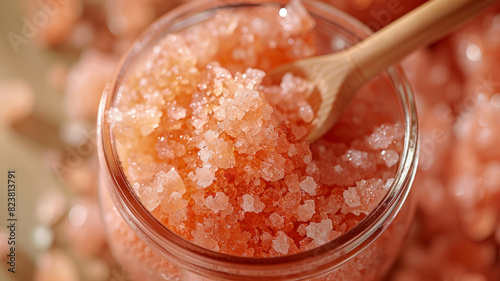 Jar of pink Himalayan salt with a wooden spoon inside.