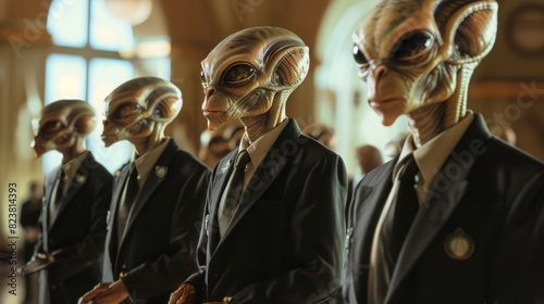 Four alien beings dressed in suits participate in a government meeting held in a grand hall, with sunlight streaming through large windows.