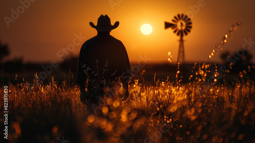 Silhouette of a cowboy at sunset near a windmill in a field.