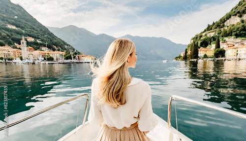 Woman tourist travels by boat on the lake. 