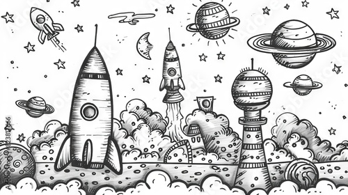 The image shows a black and white cartoon drawing of rockets launching into space