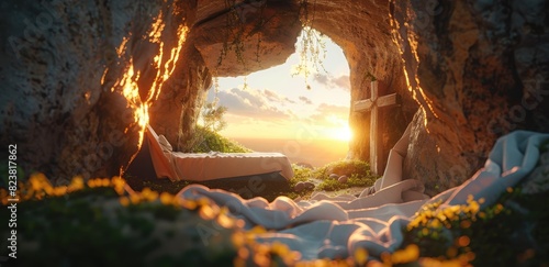 Jesus is lying in a cave with a cross appearing in the background